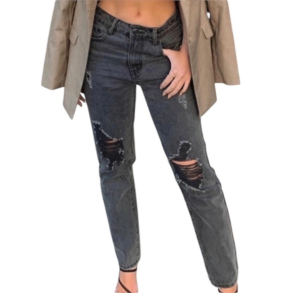 Princess Polly Denim - Princess Polly Zaneta Washed Black Distressed Straight Leg Denim Jeans NWT